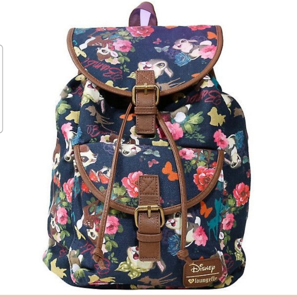 Loungefly Navy Floral Bambi Print Canvas Backpack